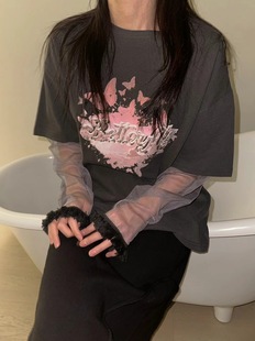 现 韩国东大门代购 AWESOME SAUCE 24春元气少女 蝴蝶拼接网纱T恤