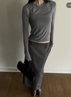 现 LONDONFLAT韩国东大门代购2024春季女装新圆领纯色假两件T恤