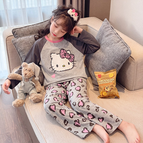 秋季新款儿童卡通甜美爱心猫咪睡衣女童长袖中大童学生家居服套装
