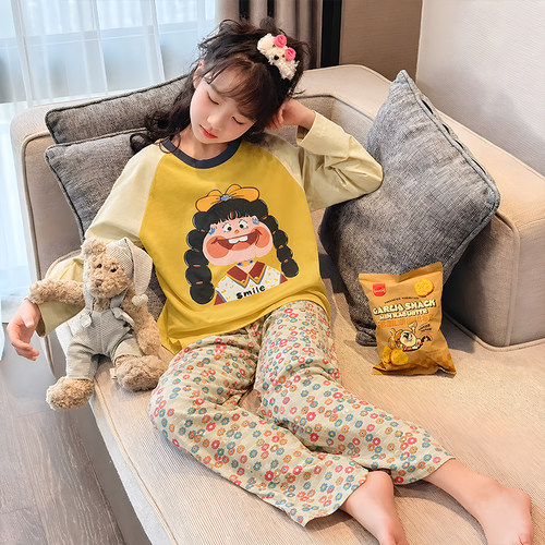 卡通圆领碎花家居服套装女童春秋