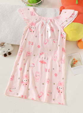 夏季新款儿童Hello Kitty卡通睡裙女薄款蝴蝶结公主风睡衣家居裙