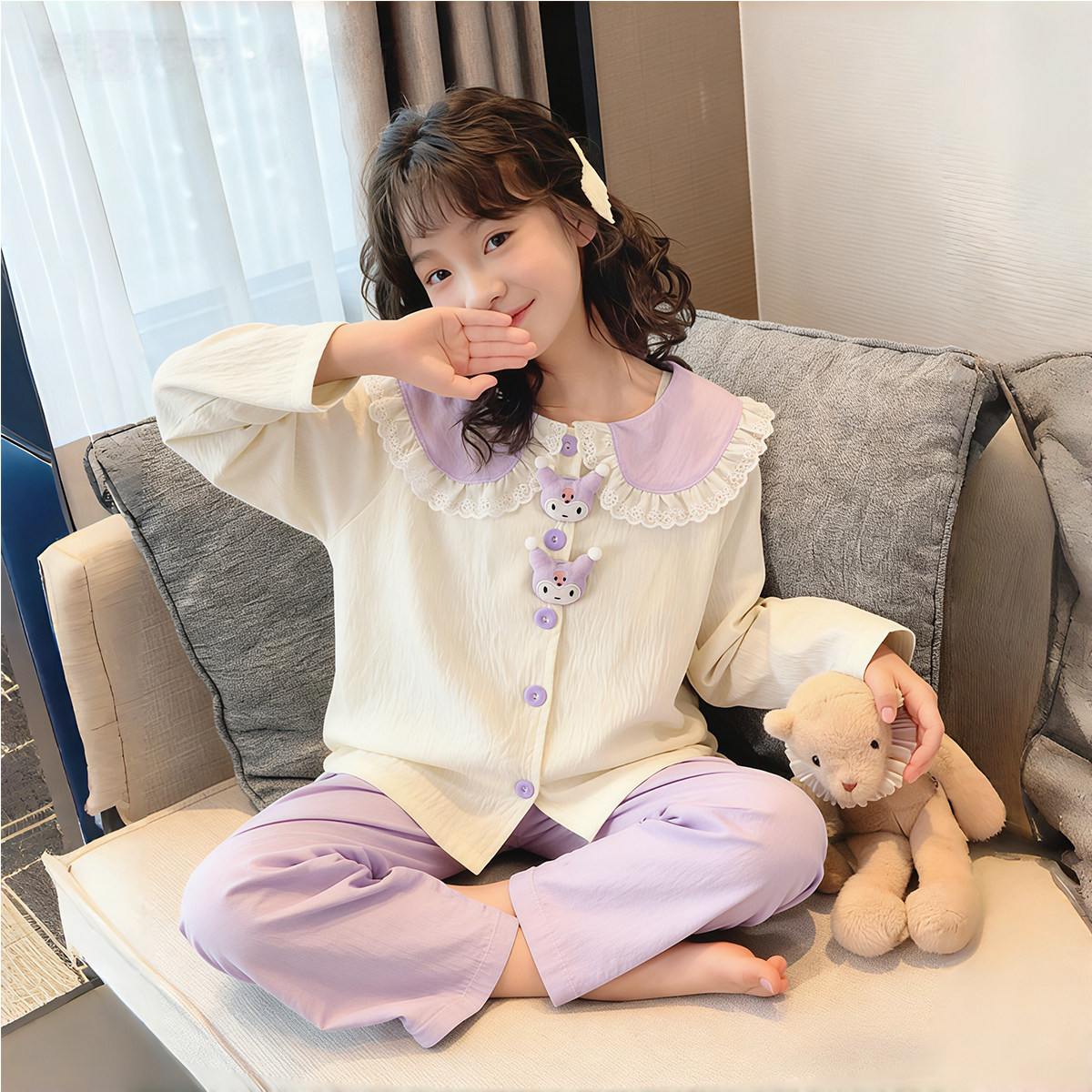 春夏季睡衣女儿童娃娃领花边卡通