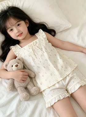 儿童睡衣女孩2026新款碎花夏季公主风甜美女童背心短裤家居服套装