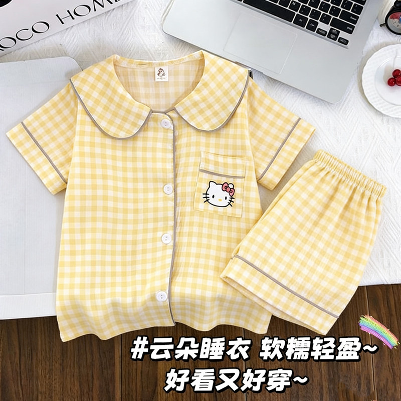 女童卡通黄格娃娃领短袖短裤睡衣