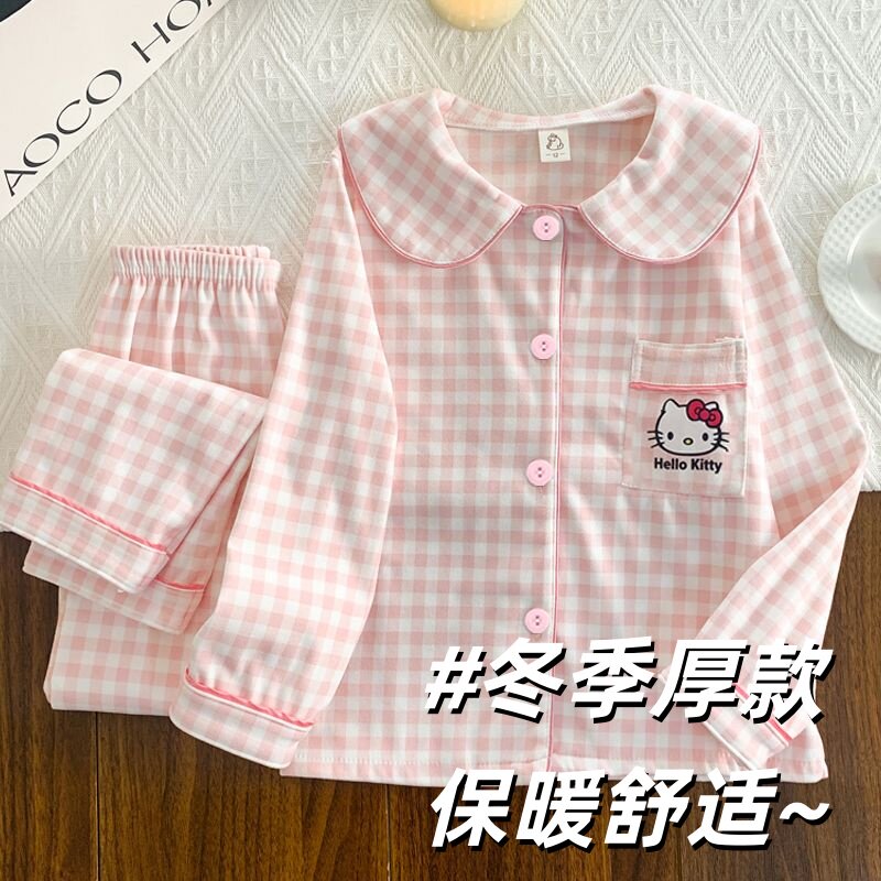 女童睡衣秋冬季德绒长袖翻领套装卡通KT猫韩版学生宝宝儿童家居服