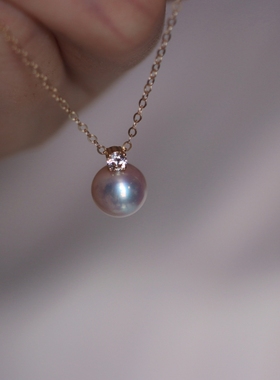 18k金极光粉珍珠吊坠，超粉小珍珠吊坠正圆