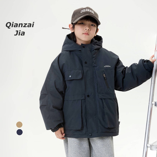 儿童羽绒服中大童90白鸭绒工装连帽上衣防水山系冬装外套日系洋气