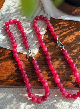 玫红打结玉石圆珠项链满钻扣颈链