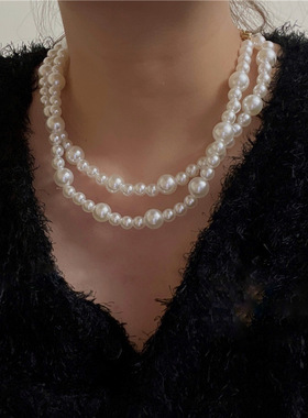 法式玻璃珍珠短款项链双层颈链