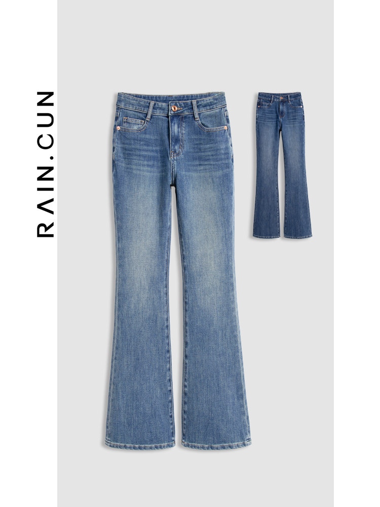 然与纯秋浅色微喇牛仔裤女高腰覆古大码梨形小个子九分喇叭裤加绒