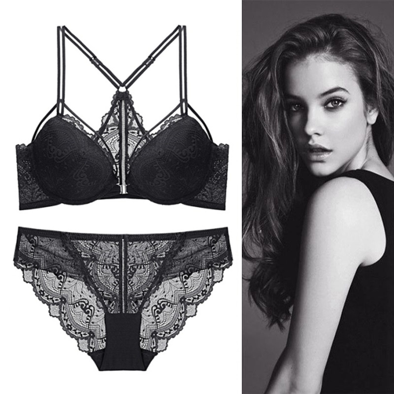 白色法式蕾丝美背文胸套装女小胸聚拢前扣刺绣三角内裤性感内衣