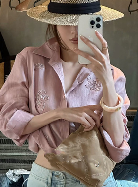 100%亚麻重工刺绣钉珠衬衫翻领宽松百搭时尚气质长袖衣上衣粉白