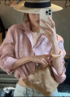 100%亚麻重工刺绣钉珠衬衫翻领宽松百搭时尚气质长袖衣上衣粉白
