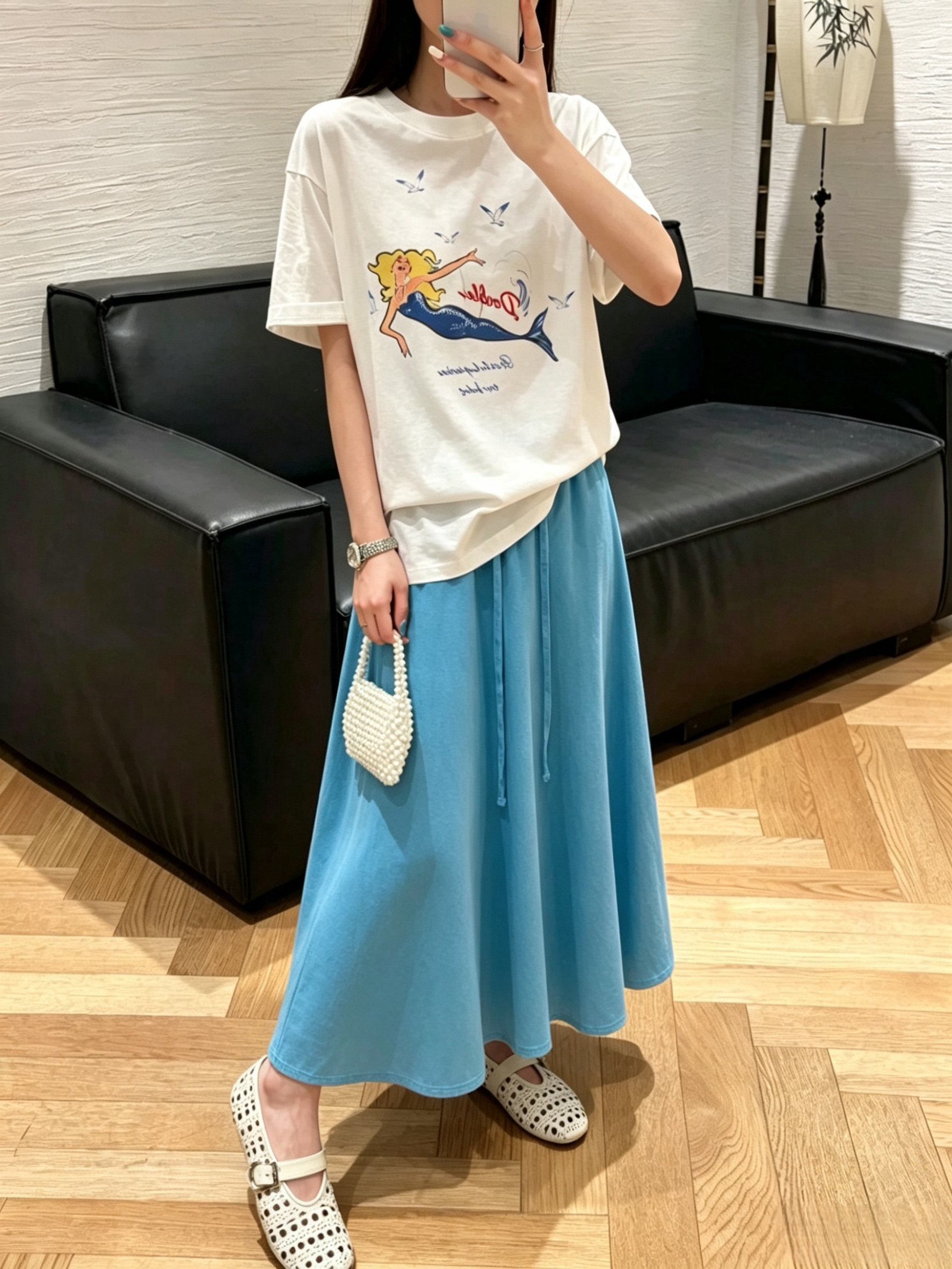 欧洲站美人鱼印花圆领百搭T恤短袖宽松高腰简约抽绳休闲半裙套装