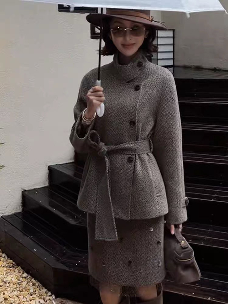 复古花纱亮片羊毛呢外套女装立领绑带收腰藏肉老钱风轻奢秋冬上衣