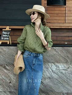 松弛清新舒适透气百搭衬衣 翻领宽松休闲长袖 绿色苎麻印花时尚 衬衫