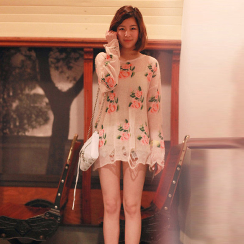 大码女装胖子遮肉马海毛宽松显瘦慵懒风中长款薄玫瑰花破洞针织衫