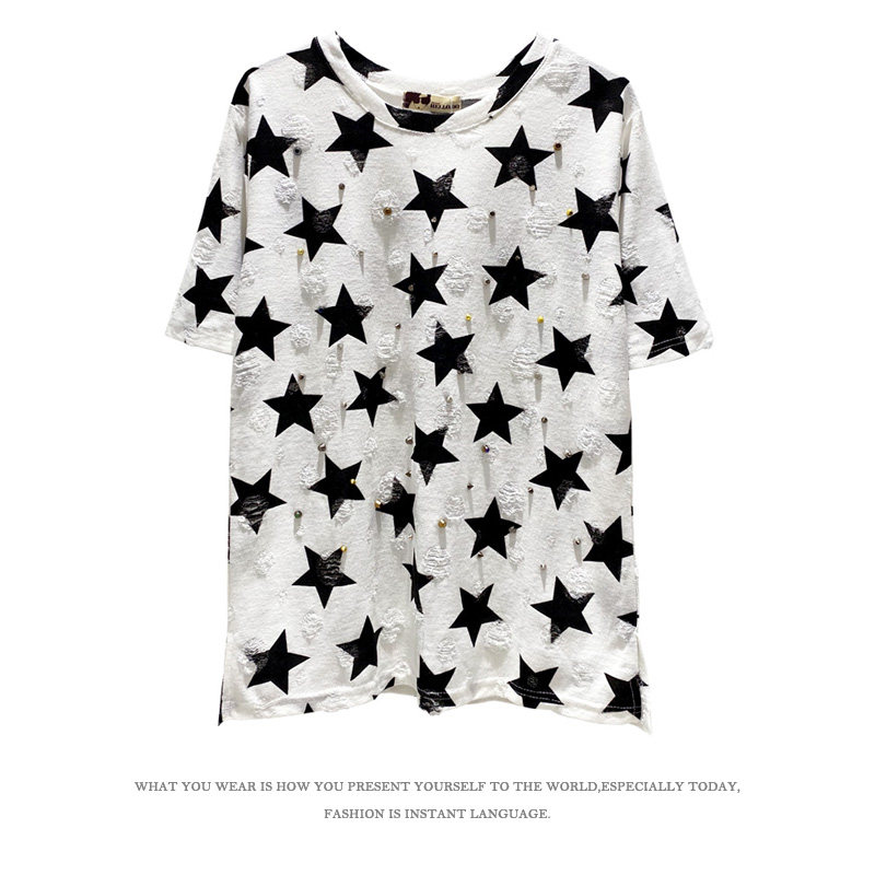 您好oo夏季女装清仓特价五角星星做旧磨破铆钉上衣短袖套头T恤衫