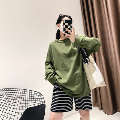 您好oo春季女装ins风松弛感反面创意设计简约休闲橄榄绿纯色T恤衫