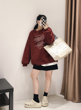 您好oo早春女装新款小字母印花圣诞新年安可拉红色慵懒宽松大卫衣