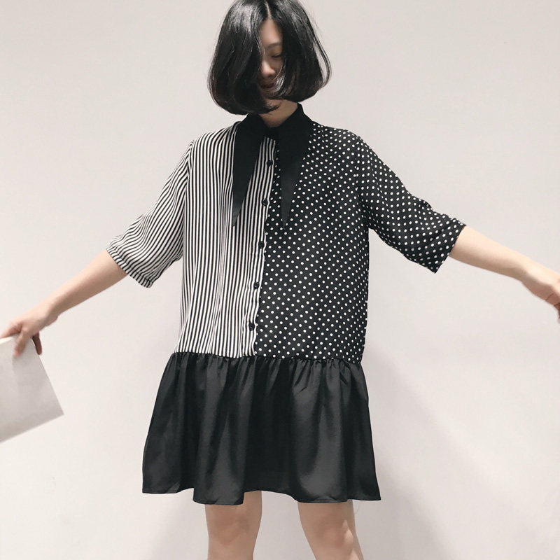 2026夏装新款欧美小众设计竖条纹拼接波点半袖女装雪纺衬衫连衣裙