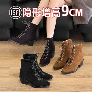 设计感绑带内增高9cm短靴 靴女2025年新款 法式 复古粗跟短筒时装