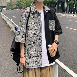 夏季新款男民族风拼色翻领短袖衬衣男衬衫 7128-P45图片