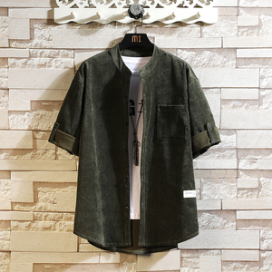 夏季男士灯芯绒短袖衬衫圆领休闲百搭立领衬衣 7108-P40图片