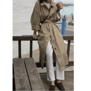 长款 随性休闲宽松单排扣腰带翻领过膝卡其色外套 风衣女2024春季