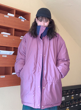 CHICCLO 羽绒服外套女冬正反两穿立领撞色中长款白鸭加厚面包服