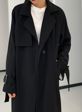 黑色宽松风衣女中长款秋冬季新款系带英伦风西装领长款过膝外套