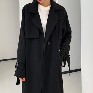系带英伦风西装 黑色宽松风衣女中长款 秋冬季 新款 过膝外套 领长款