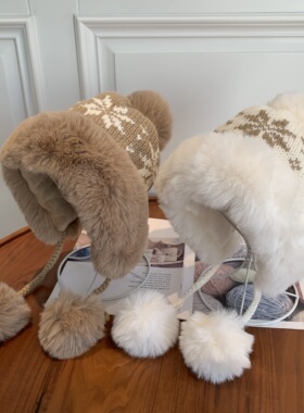 女童护耳帽秋冬季红色新年儿童针织毛线帽厚绒保暖女孩防寒风雪帽