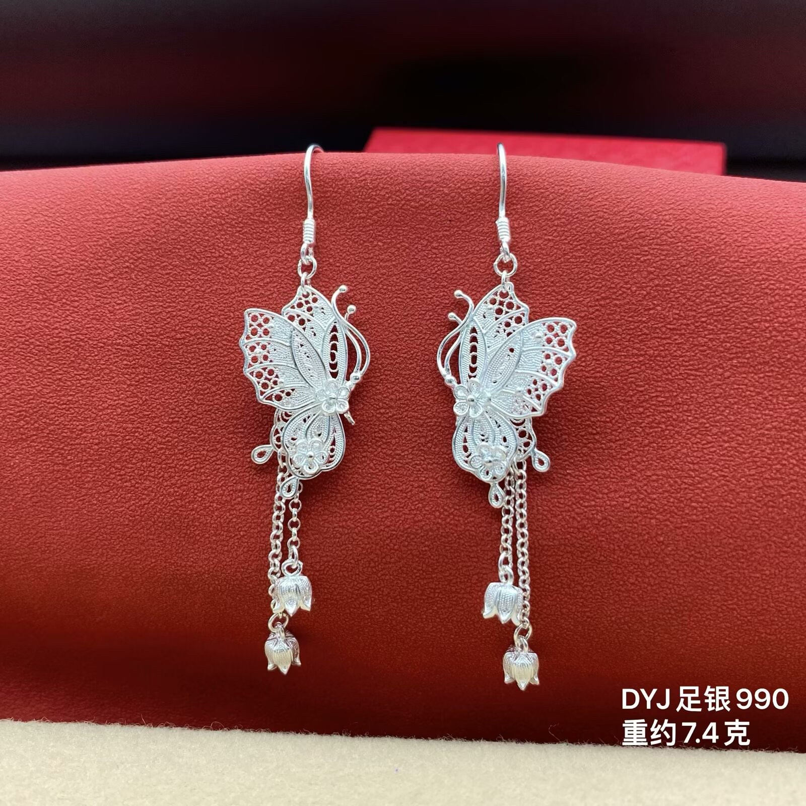 990纯银蝴蝶耳坠流苏足银民族女士耳线风汉服旗袍雪花银耳环送礼