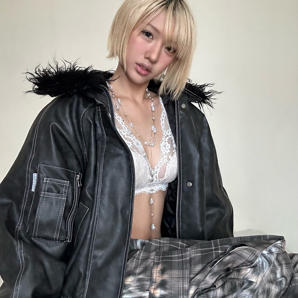 DAMAGE ASIA 毛领连帽皮衣做旧短款棉服加厚飞行服外套 N2B皮衣