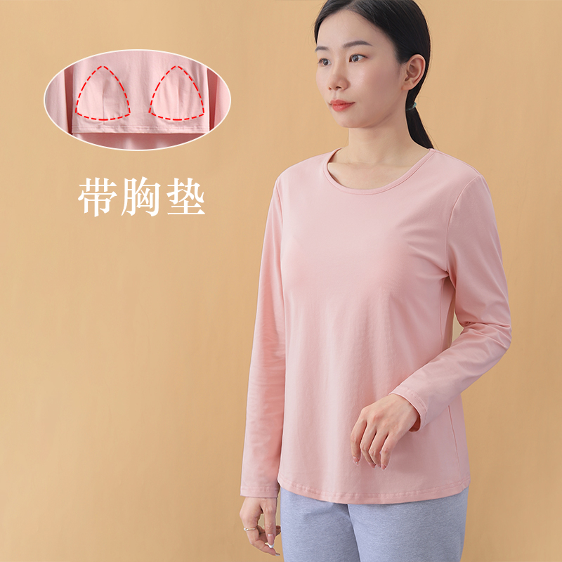 带胸垫女士圆领长袖T恤