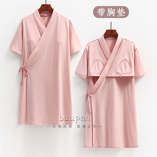 带胸垫中式 浴袍家居服 国风睡袍女五分袖 斜襟系带可穿式