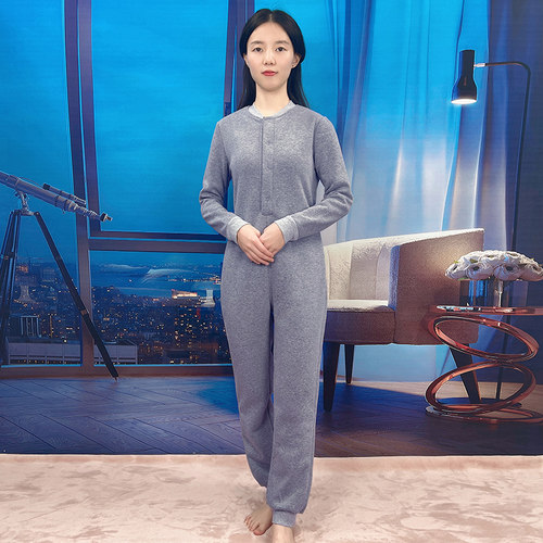 加绒加厚连体睡衣v女冬后脱式连体衣冬季