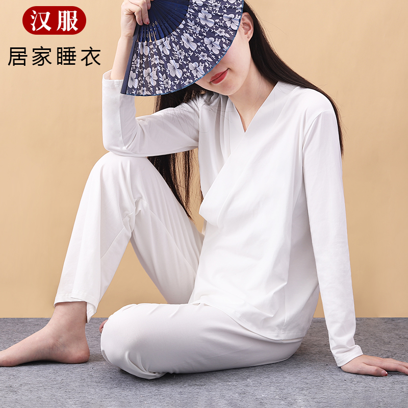 汉服睡衣套装古风系带斜门襟居家服中式交领寝衣八段锦白色