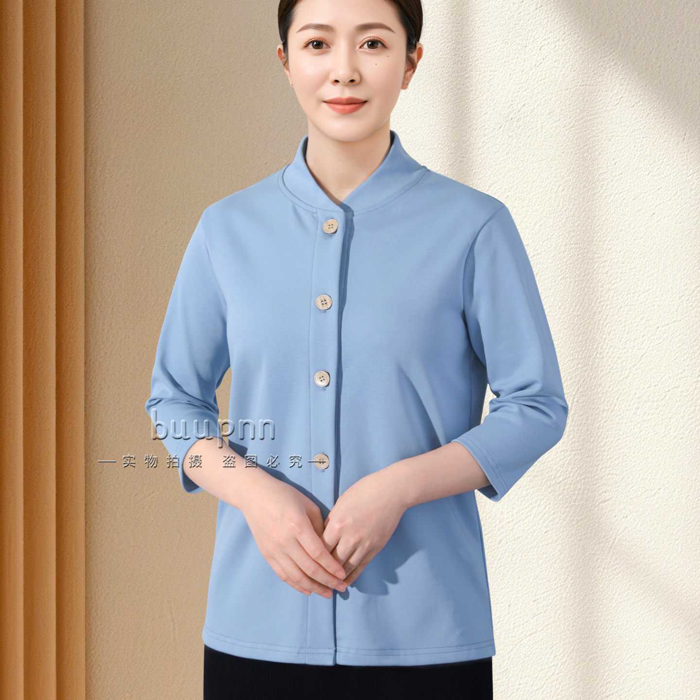 立领护颈七分袖开衫睡衣女中老年家居服上衣单件可外穿纯棉