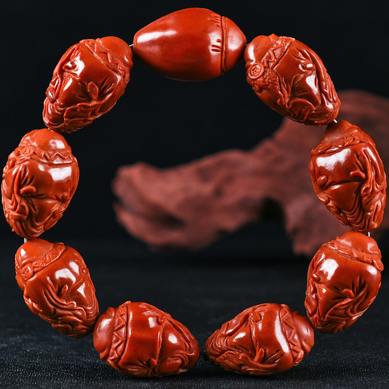 新品八大财神手串手链橄榄核雕刻老红油核文玩橄榄胡男士1.9尺寸