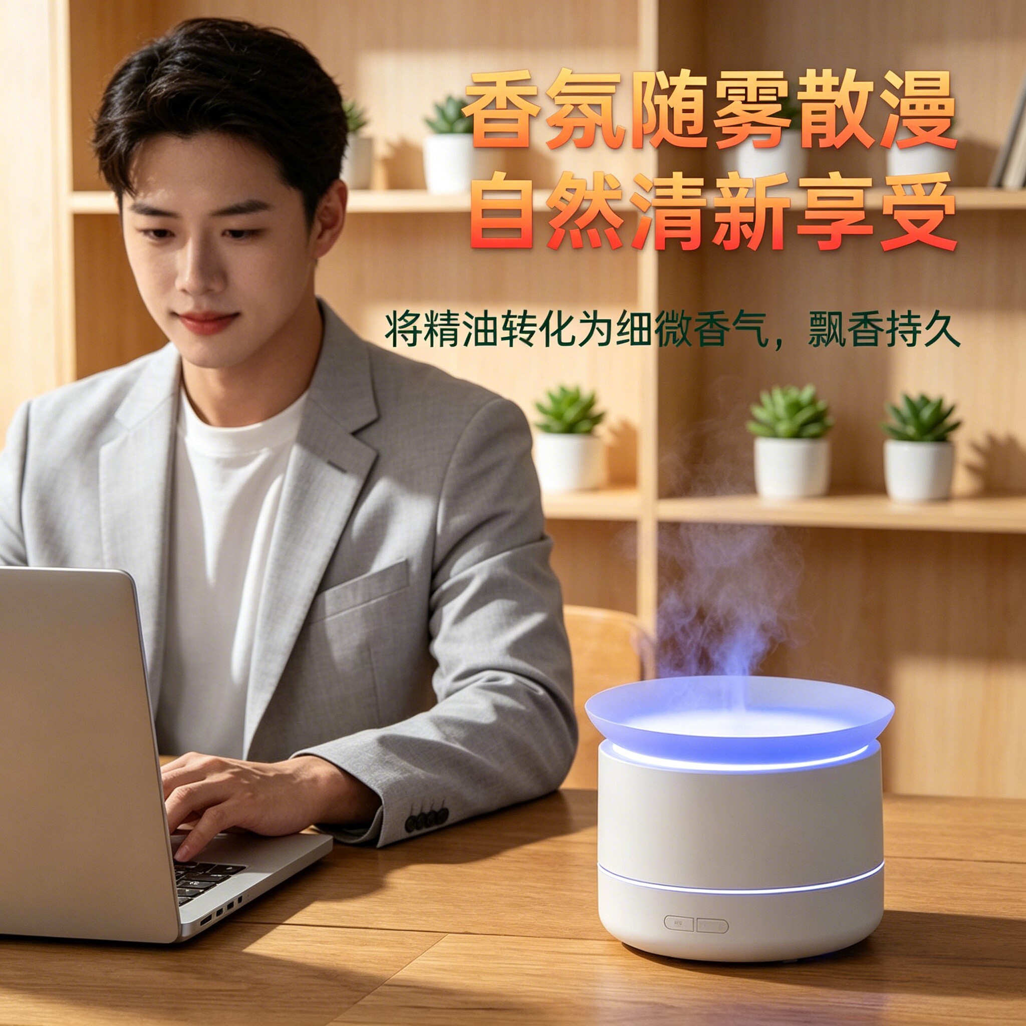 新品仿真涌雾香薰机 家用桌面办公USB七彩氛围灯精油扩香加湿器