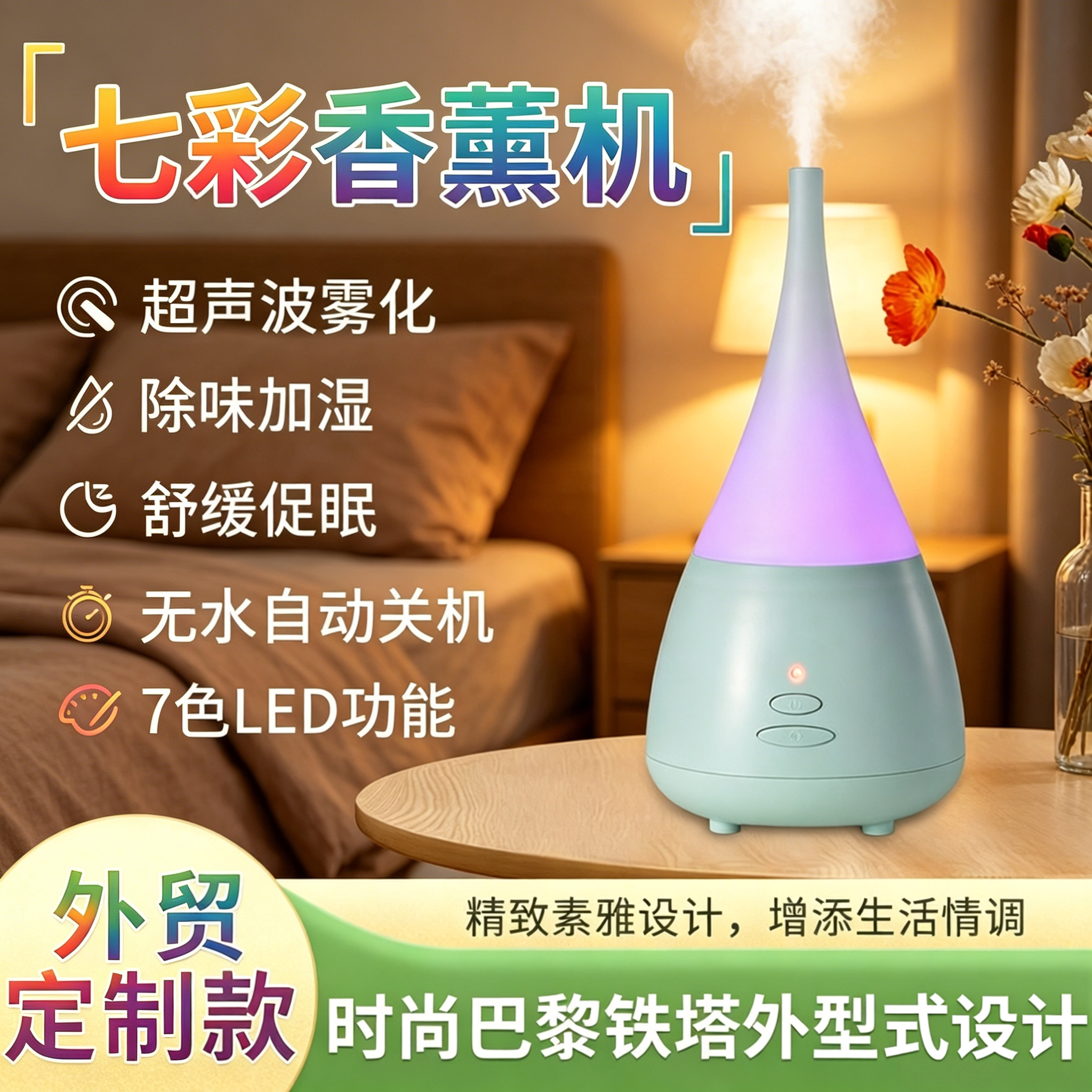 七彩超声波香薰加湿静音自动关机