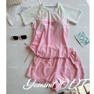 少女短袖 显瘦分体保守中大童泳衣女学生 两件套女夏宽松运动风短裤