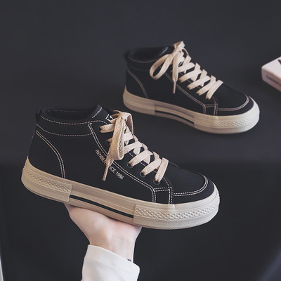 人本女鞋高帮帆布鞋女加绒保暖棉鞋中帮休闲板鞋学生2025冬季厚底
