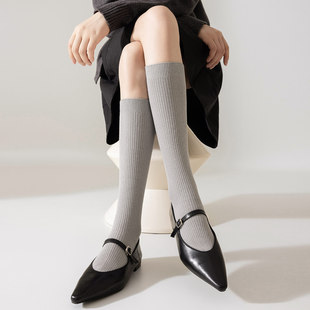 灰色长筒袜子女高筒小腿袜纯棉堆堆竖条纹显瘦miu风格 雷系春秋季