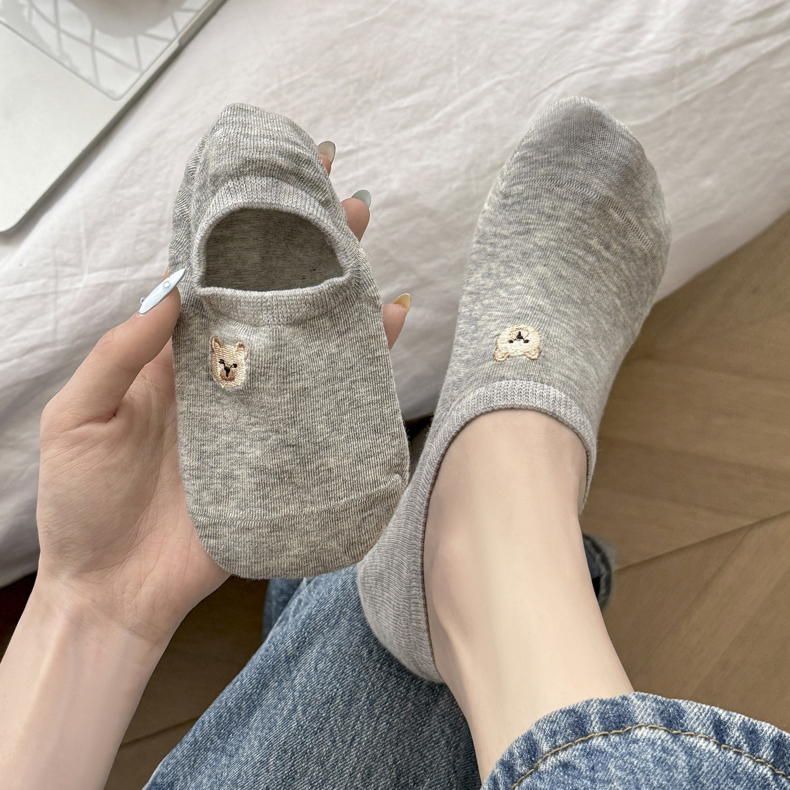灰色小熊袜子韩版船袜女纯棉不掉跟防滑脱不掉跟秋季新款浅口运动,女士内衣/男士内衣/家居服,船袜,淘宝优惠券,粉丝福利购,淘宝优惠卷