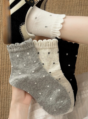 灰色波点袜子女款夏薄款纯棉短袜2026新款爆款可爱日系花边中筒袜