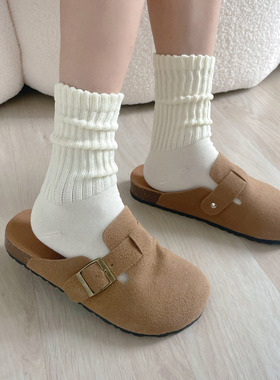 白色针织堆堆袜子女纯棉中筒袜女士复古长袜秋冬新款搭配博肯鞋