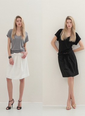 FOT2026春夏 莱赛尔棉感 黑色和白色 半裙微修身褶皱可系带半身裙